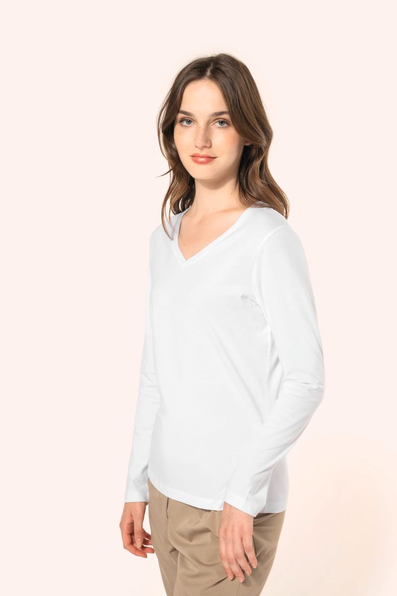 T-shirt Supima® col V manches longues femme