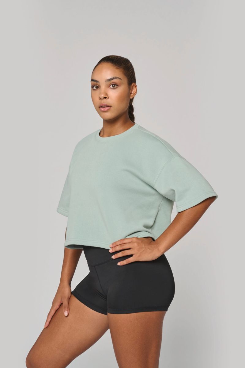 Sweat-shirt crop à manches courtes col rond femme